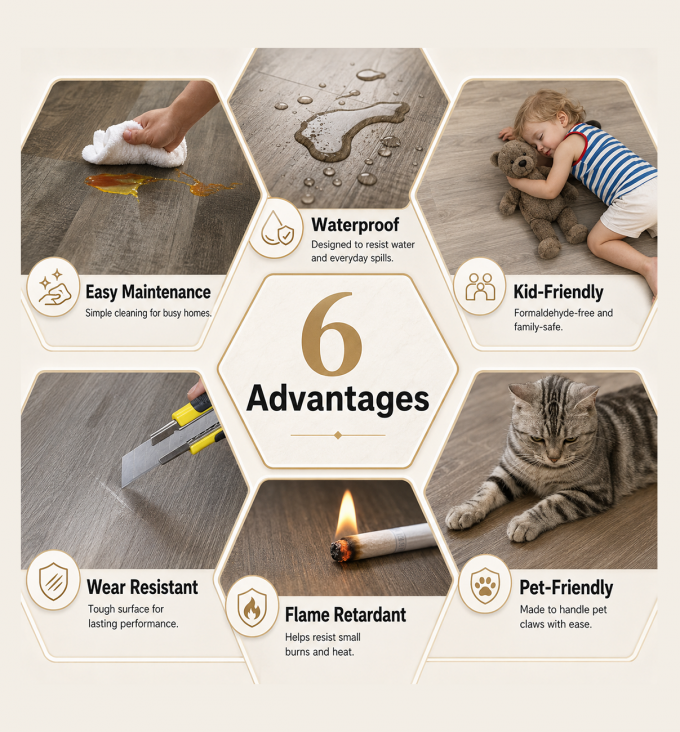 SPC rigid core vinyl flooring with deep embossed wood grain surface — full plank view
